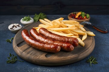 Wall Mural - Grilled German sausage with french fries