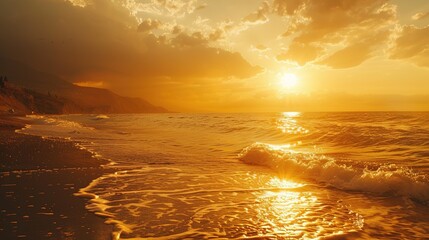 Wall Mural - Golden sunset over the ocean with waves crashing on the beach.