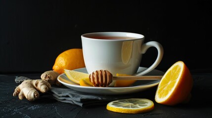 Ginger tea with lemon and honey on a black background