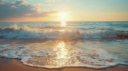 Wall Mural - Golden sunset reflecting on a gentle wave lapping the sandy beach.