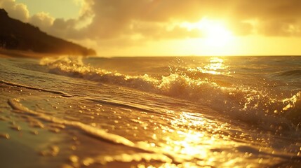 Wall Mural - Golden sunset reflecting on the ocean waves.