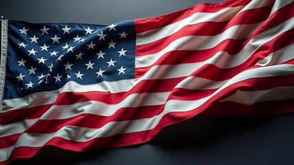 Wall Mural - Close-up of the American flag with vibrant stars and stripes against a dark backdrop, symbolizing freedom and patriotism.