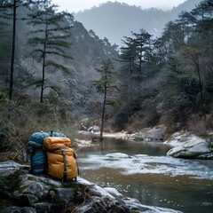 Sticker - Hiker s Gear Drying on Rock After Forest River Crossing Hiking Concept with Copy Space