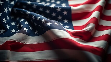 Wall Mural - Close-up of the American flag with vibrant stars and stripes against a dark backdrop, symbolizing freedom and patriotism.