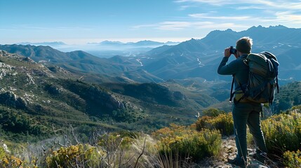 Poster - Hiker capturing a breathtaking mountain vista with clear sky in the background