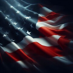 Wall Mural - Close-up of the American flag with vibrant stars and stripes against a dark backdrop, symbolizing freedom and patriotism.