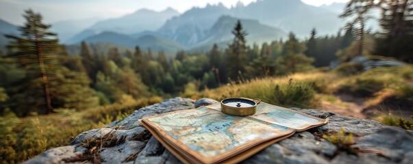 hiking compass and trail map on rock with forested mountain backdrop