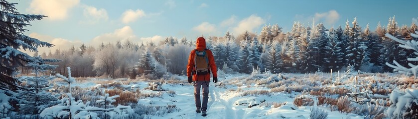 Sticker - Lone Hiker Traversing Snowy Winter Trail Through Frosty Forested Landscape