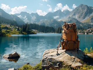 Wall Mural - Peaceful Hiking Adventure by Scenic Mountain Lake with Backpack and Trekking Poles