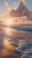 Wall Mural - Sunset over the ocean, golden light reflecting on the sand and waves.