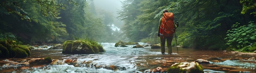 Poster - Hiker Enjoying Refreshing Drink from Mountain Stream in Tranquil Forested Landscape