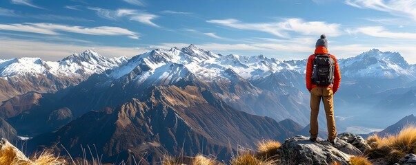 Poster - Hiker Admiring Breathtaking Mountain Landscape from High Pass