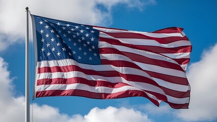 Wall Mural - A vibrant United States flag waves against a partly cloudy sky, symbolizing American patriotism and national pride.