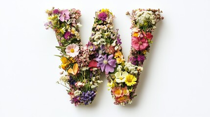 The letter W formed from real natural flowers.