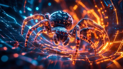 Abstract Glowing Spider in Digital Web  