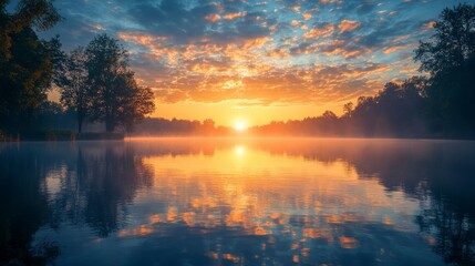 Wall Mural - Misty Sunset over Still Lake.