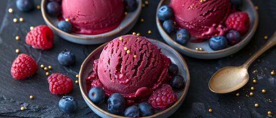 Wall Mural - Three plates showcase vibrant dark red ice cream, complemented by fresh raspberries and blueberries, all set against a contrasting dark background