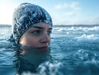 Wall Mural - Woman swimming in ocean with hat