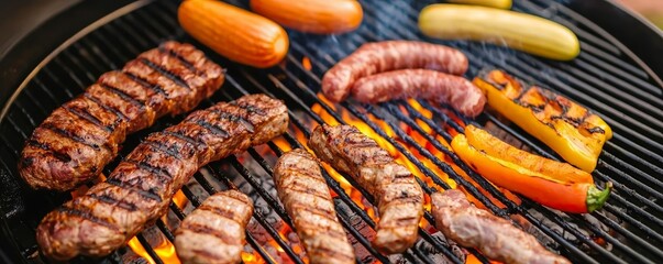 Vibrant summer barbecue with assorted meats and veggies grilling over open flames, a perfect setting for an evening gathering