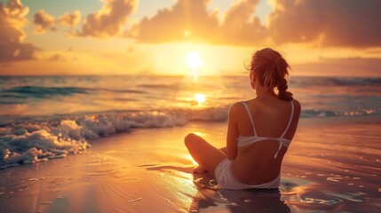 Wall Mural - Woman sitting on a beach at sunset, enjoying the golden hour.