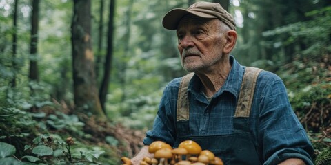 Man gathering mushrooms in forest