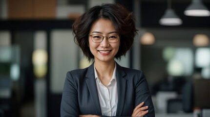 Wall Mural - Confident woman posing with crossed arms and a smile in a modern office 