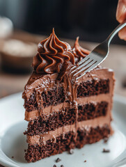 Wall Mural - A slice of chocolate cake with chocolate frosting on top Birthday