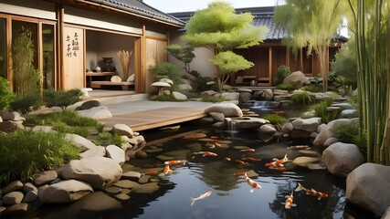 A peaceful garden with a koi pond and bamboo