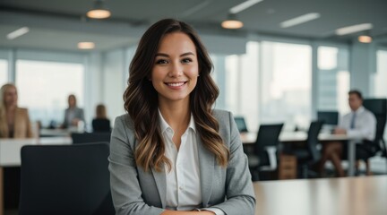 Contented businesswoman working in modern, well-lit office environment 