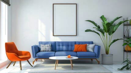 Wall Mural - Modern Living Room Interior with Blue Sofa, Orange Chair, and Plant