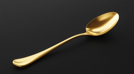 A shiny gold spoon lies on a black surface, reflecting light.