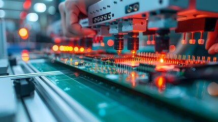 Poster - Precision Electronics Manufacturing Plant with Technicians Assembling Circuit Boards