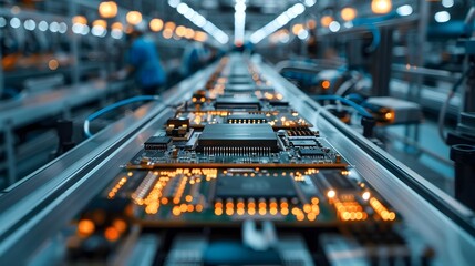 Poster - Electronics Manufacturing Plant with Technicians Assembling Circuit Boards Highlighting Precision and Innovation