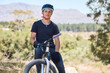 © Michael Cunningham/peopleimages.com - Sports, nature and portrait of man on bicycle for training, workout and exercise in countryside. Fitness, cycling and person with mountain bike for adventure, cyclist and adrenaline on dirt trail