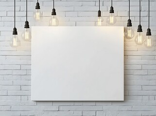 Wall Mural - Blank canvas mockup with hanging vintage light bulbs against a white brick wall.