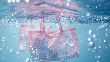 Wall Mural - Pink shopping bag float on clear sea or swimming pool,text,top view,vacation,Summer sale creative ads season,banner,poster or template,New waterproof shopping bag falling and dive with splashes.