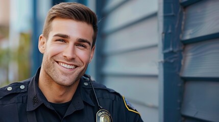 Smiling portrait of a handsome young male police officer. copy space for text.