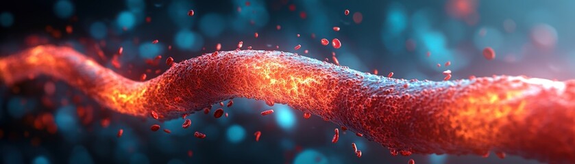 Wall Mural - close-up of a glowing red dna strand with floating particles on a blue background