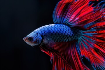 Wall Mural - Close-up of a vibrant blue and red Siamese fighting fish with a long flowing tail fin, isolated against a black background.