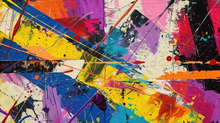 Wall Mural - a bold abstract oil painting with intersecting lines and vibrant splashes of color.