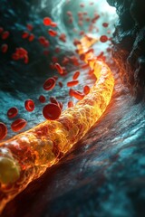 Wall Mural - Detailed 3D Rendering of Blood Cells Flowing Through an Artery with Plaque Buildup in a Vivid Medical Illustration