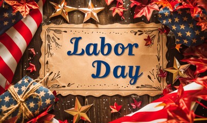 Wall Mural - Happy Labor day - lettering calligraphy on abstract USA flag, template for Labor day celebration in United States of America