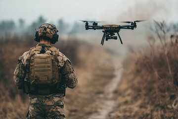 Soldier operating a military drone in a forest during a mission