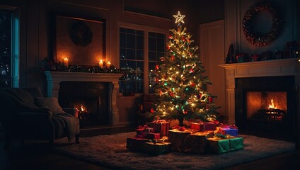 Interior christmas, magic neon glowing tree, fireplace, gifts in dark