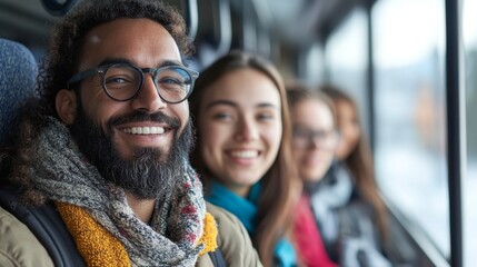 Happy Man Wearing Glasses Smiles on a Bus.