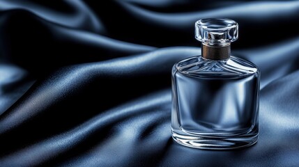 Elegant glass perfume bottle resting on a luxurious dark silk fabric, showcasing simplicity and beauty in modern design.