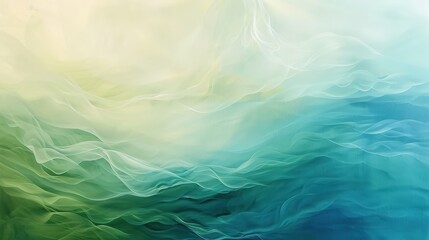 Wall Mural - a serene abstract oil painting with a gradient blend of soft blues and greens, accented by delicate,