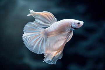 Wall Mural - Close-up of a white Siamese fighting fish with long flowing fins against a dark blue background.