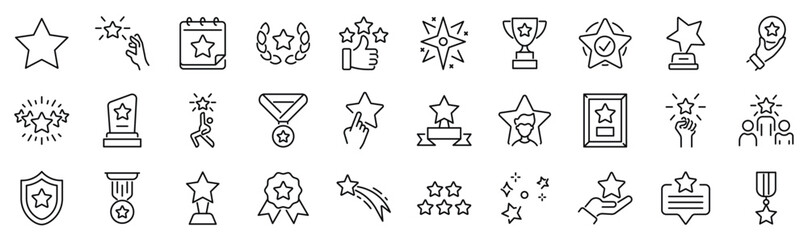 Set of 30 outline icons related to star. Linear icon collection. Editable stroke. Vector illustration