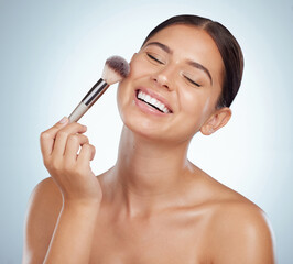 Poster - Makeup artist, apply or happy woman with smile or brush foundation routine product or tools for skin. Studio, girl and model with beauty equipment for face cosmetics treatment on white background